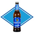 Krombacher beer bottle with blue label on a white background