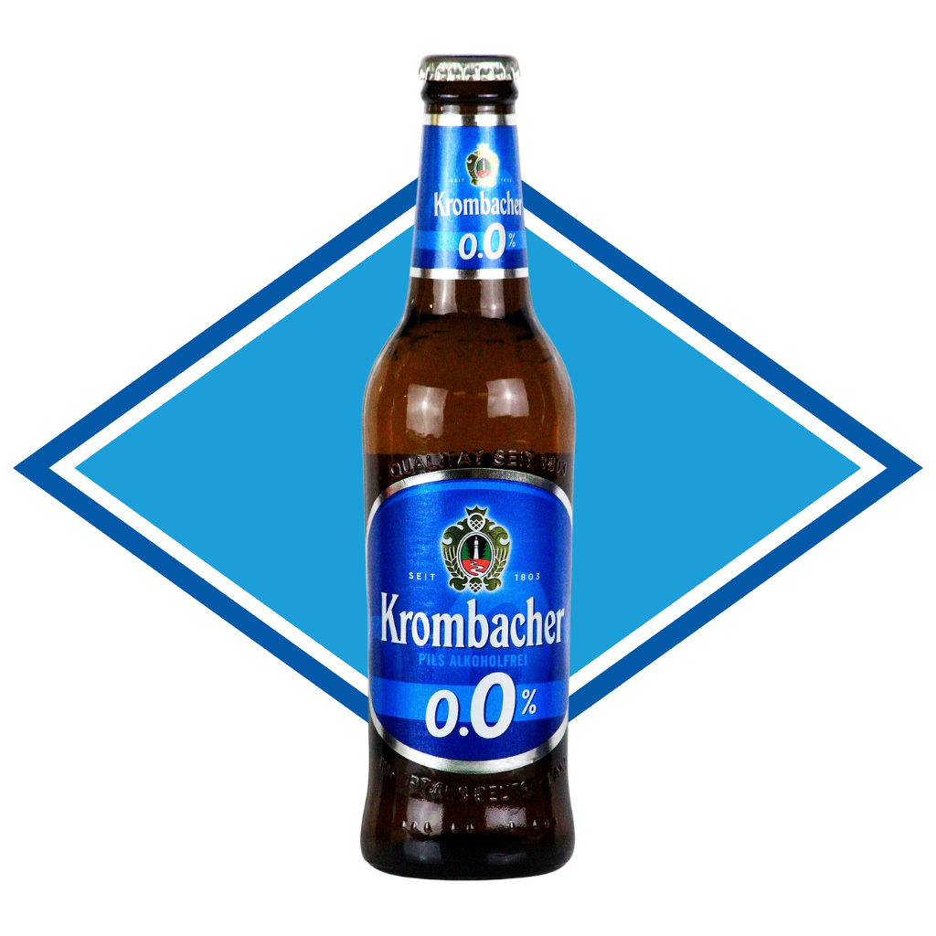 Krombacher beer bottle with blue label on a white background