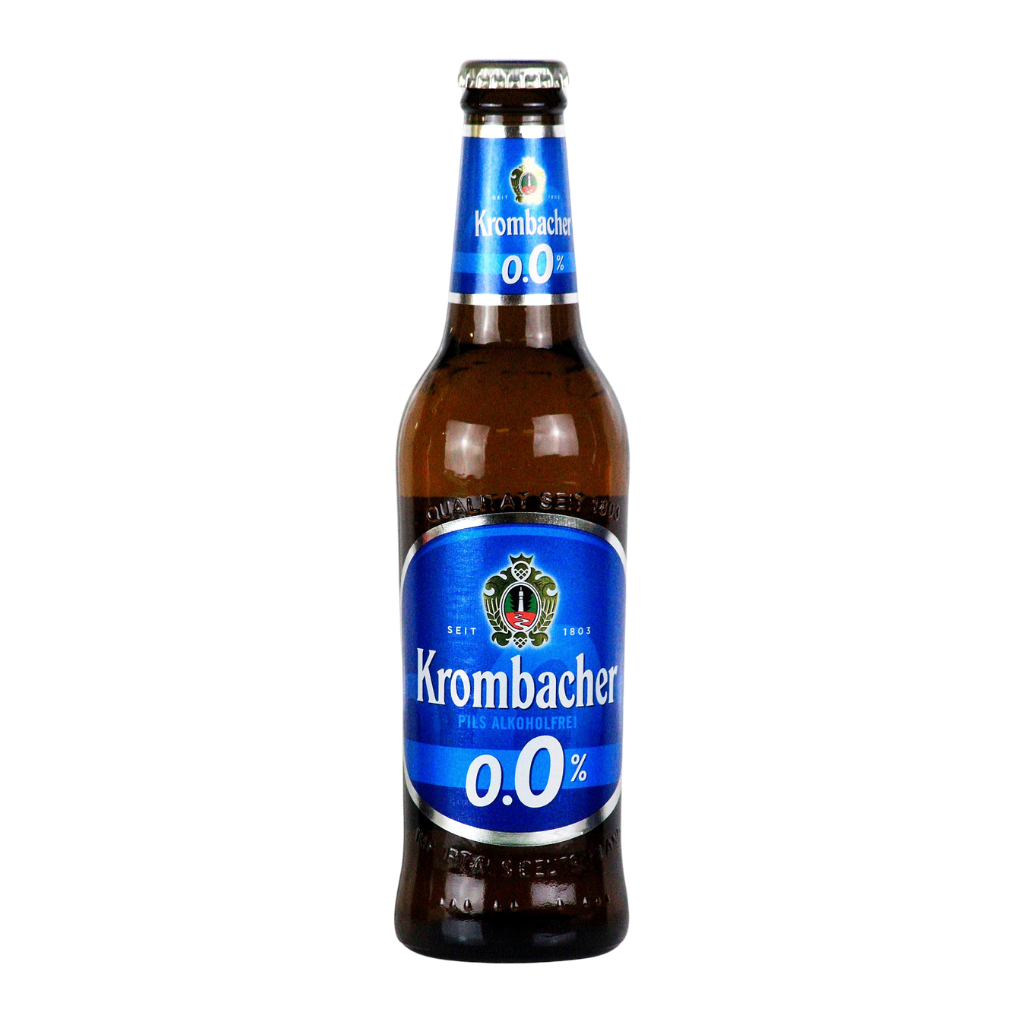 Krombacher beer bottle with blue label on a white background