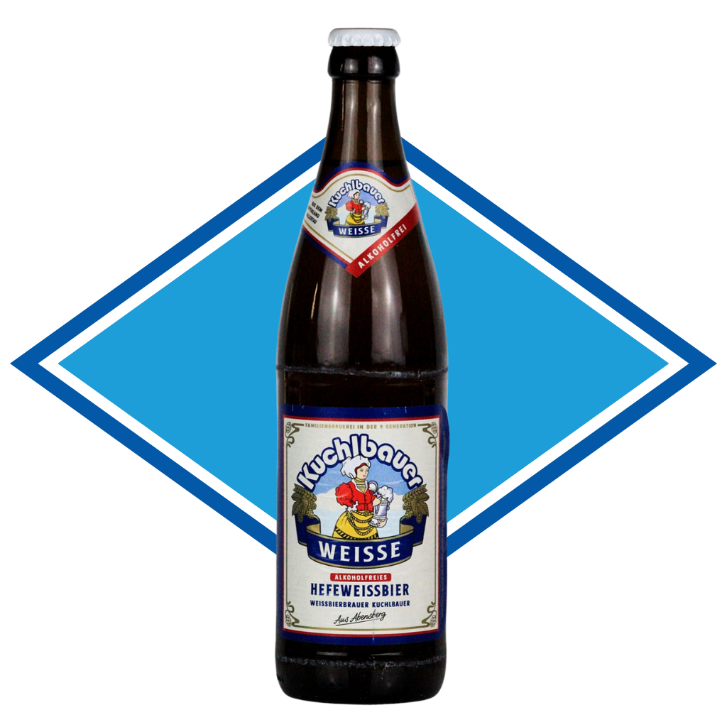 Kuchlbauer Weisse beer bottle with a blue diamond shape in the background
