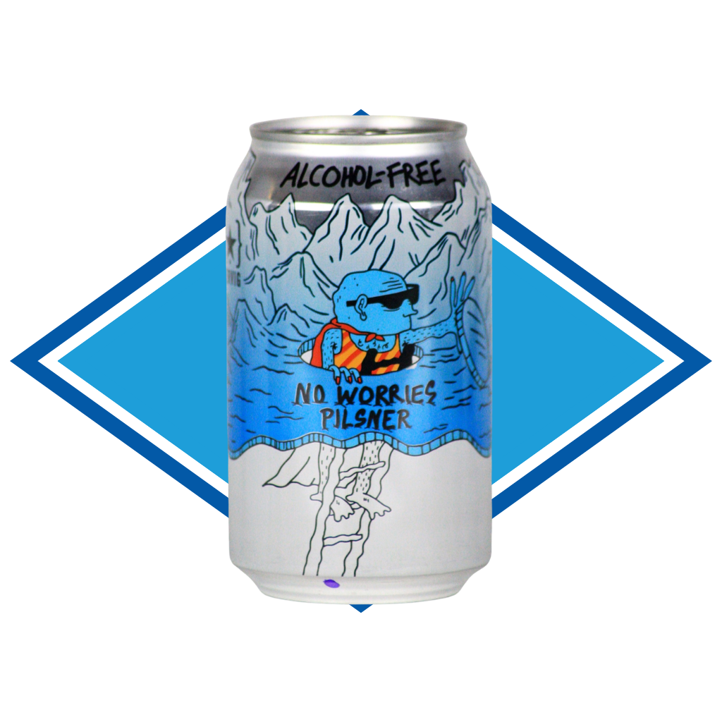 Blue Alcohol-free Pilsner beer can from Lervig with mountain and person design on a white background