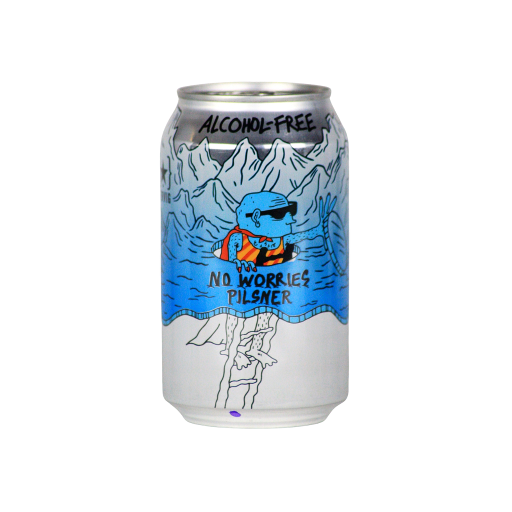 Alcohol-free Lager can from Lervig with mountain and person design on a white background