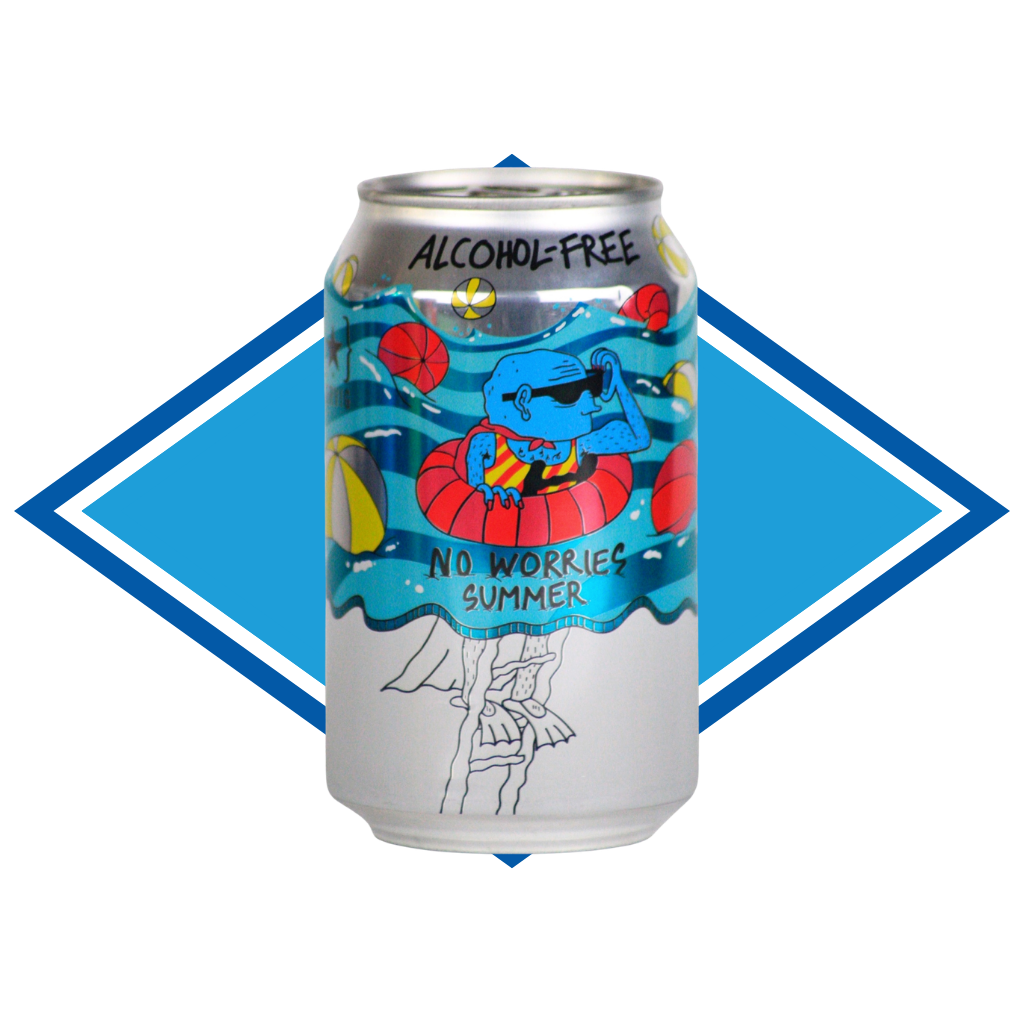 An alcohol-free canned beverage with a colorful cartoon illustration of a blue creature in a red float on a beach, set against a blue diamond-shaped graphic on a white background.