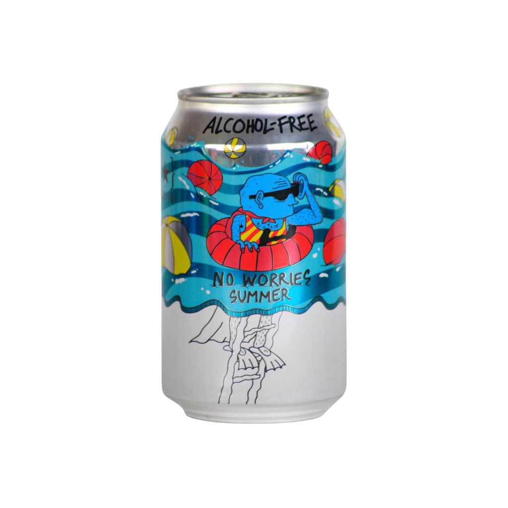 An aluminum can of Alcohol-Free No Worries Summer beer by The Happy Cow, featuring a colorful illustration of a blue cartoon character in a red float on a turquoise wave background, set against a plain white studio background.