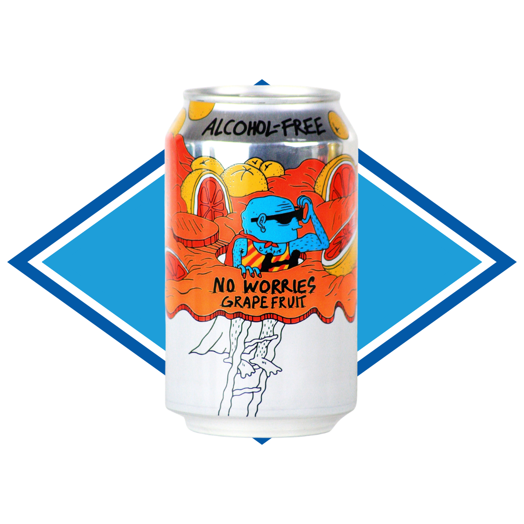 Can of No Worries Grapefruit in front of The Alcohol Free Drinks blue diamond.
