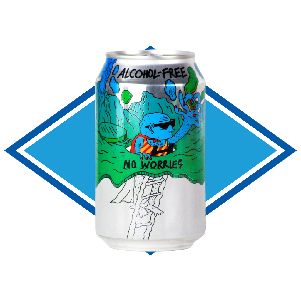 Can of No Worries IPA in front of The Alcohol Free Drinks blue diamond.
