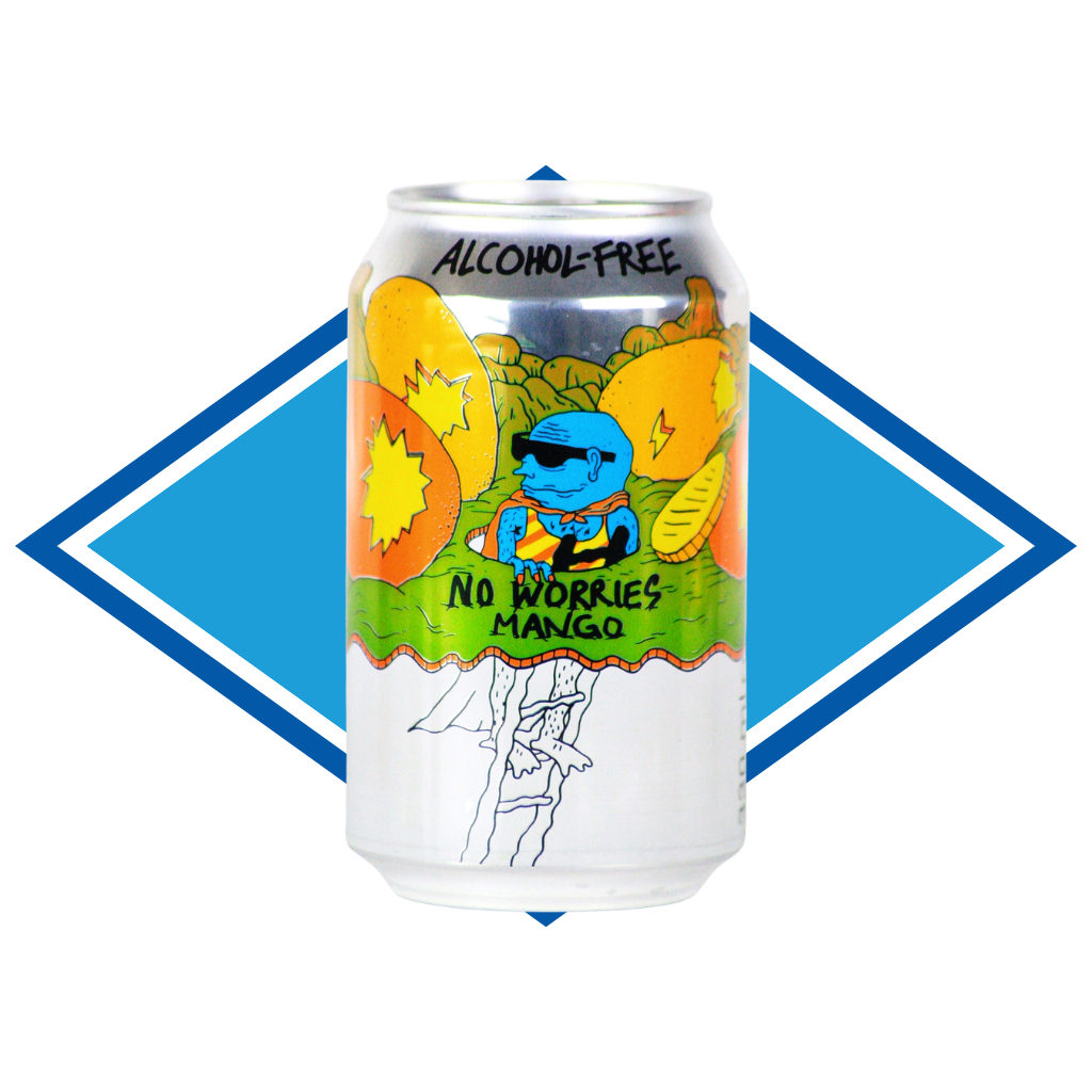 Can of No Worries Mango in front of The Alcohol Free Drinks blue diamond.
