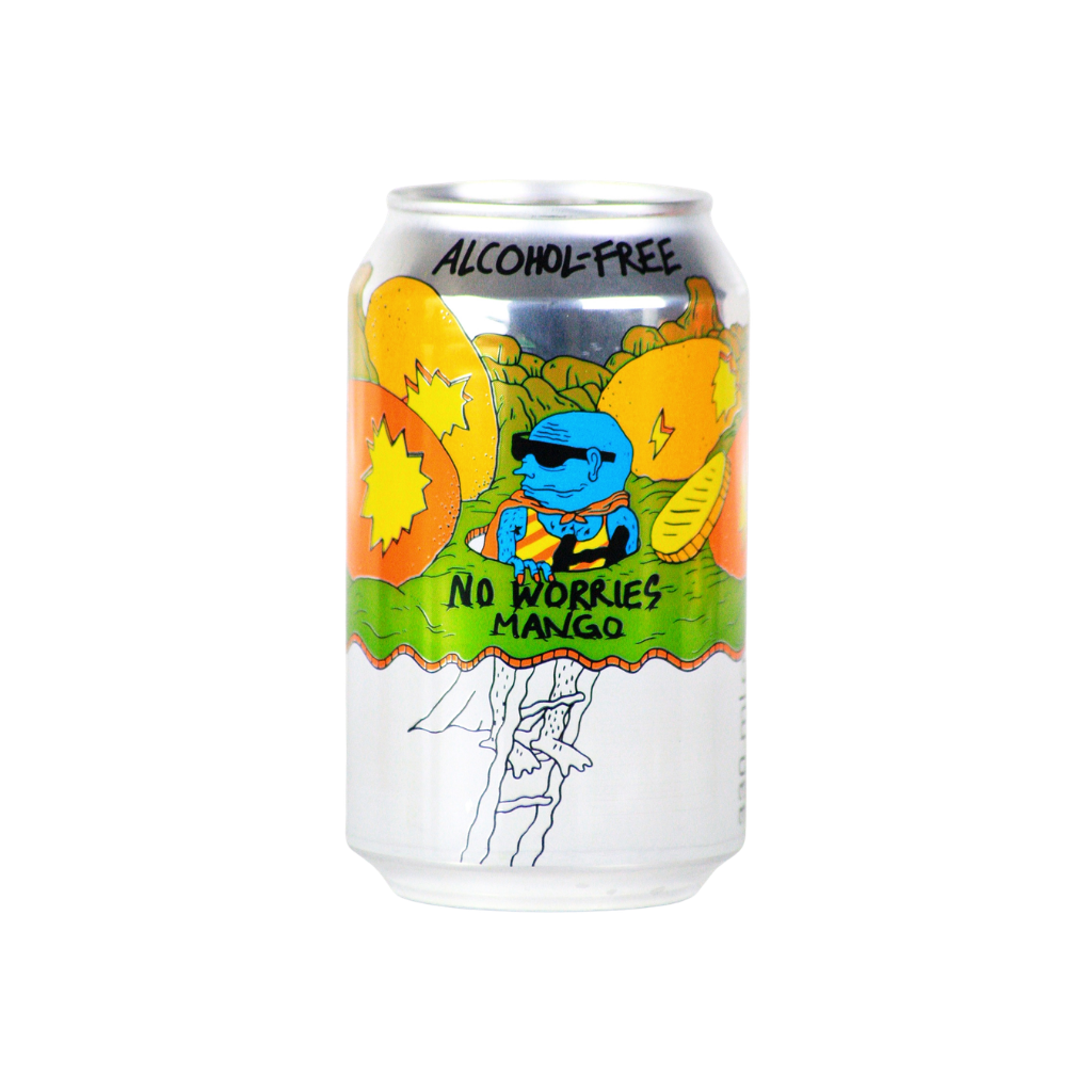 Alcohol-free mango IPA can with cartoon character on a white background
