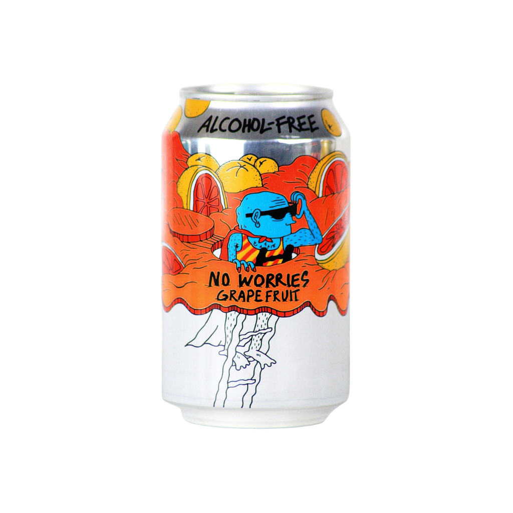 Alcohol-free grapefruit IPA Beer can with cartoon character on a white background