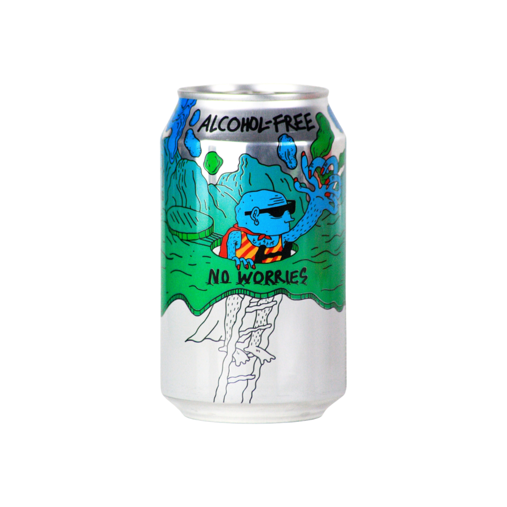 Alcohol-free IPA from Norway based Lervig can with cartoon character and text on a white background