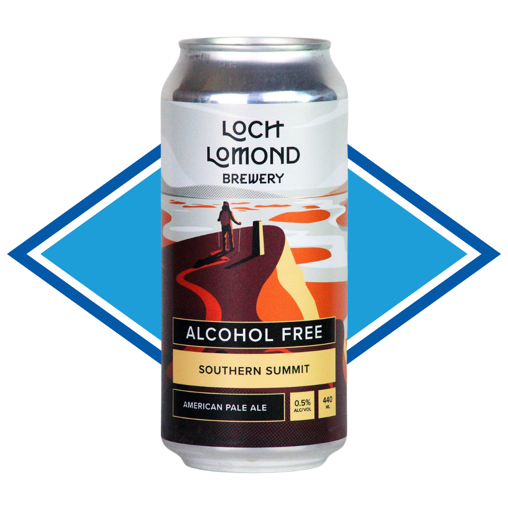 Can of Loch Lomond Southern Summit in front of the Alcohol Free Drinks Company blue diamond. 