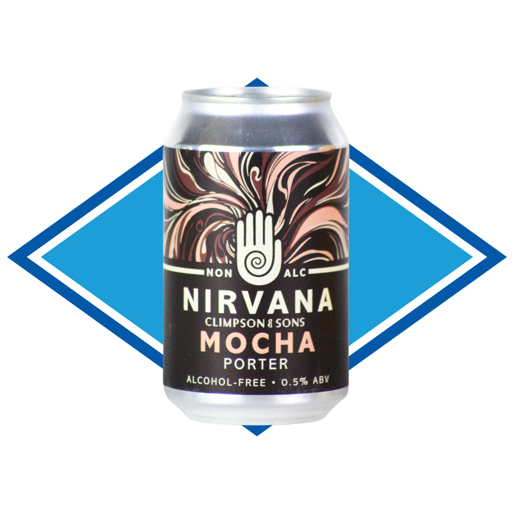 Can of Nirvana Mocha Porter in front of the Alcohol Free Drinks Company blue diamond. 