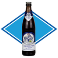 Bottle of Maisel's Weisse Alkoholfrei Weissbier with a blue diamond shape in the background
