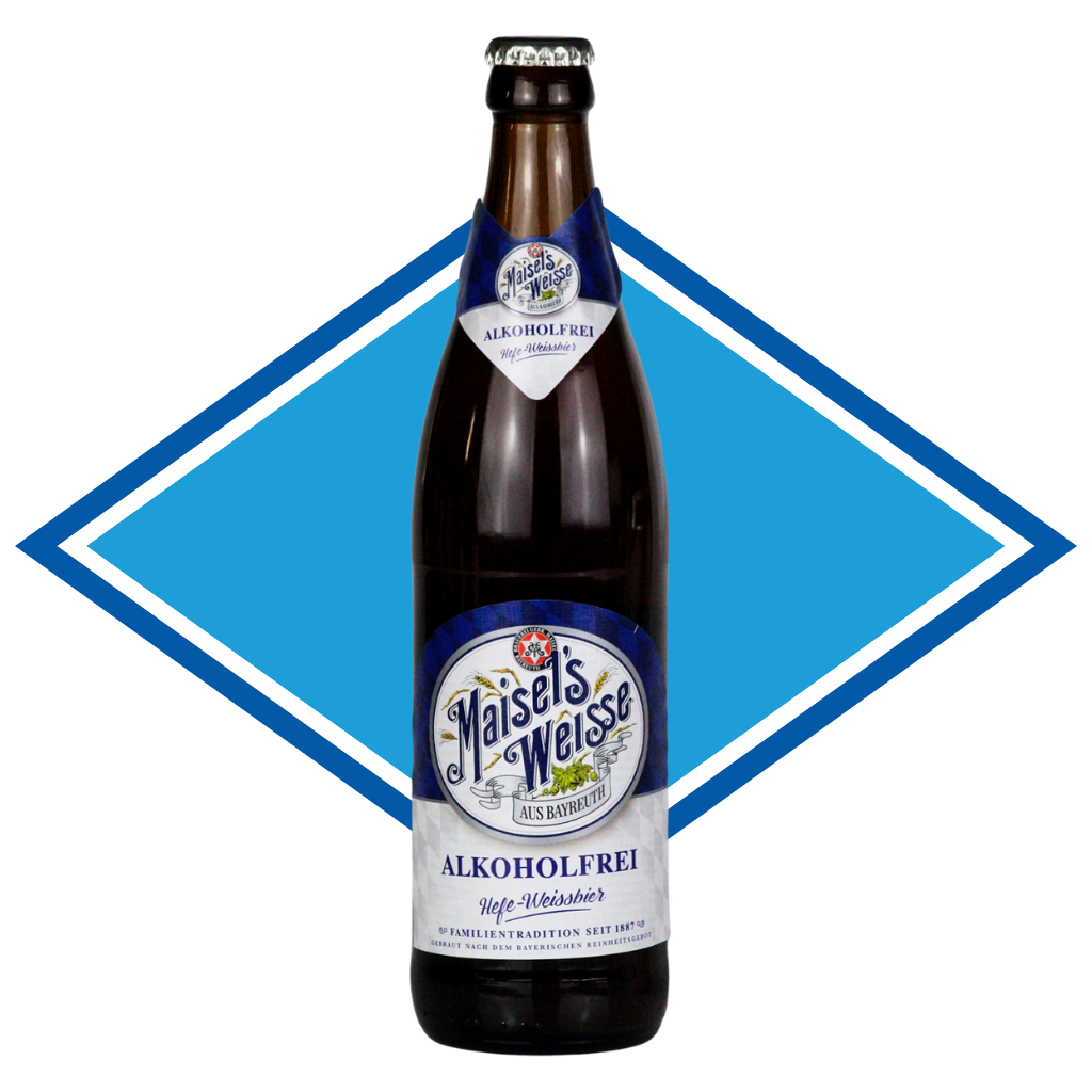Bottle of Maisel's Weisse Alkoholfrei Weissbier with a blue diamond shape in the background