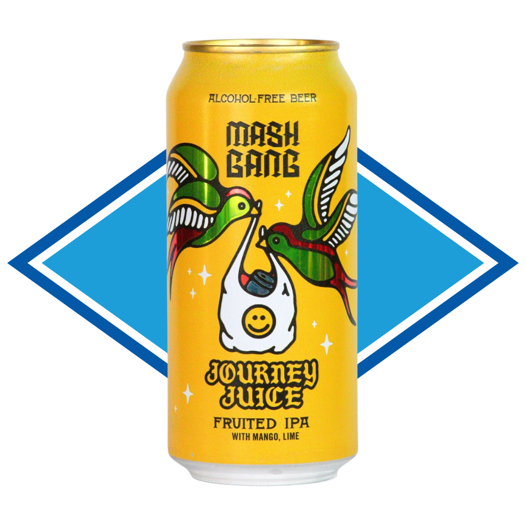 Can of Journey Juice in front of the Alcohol Free Drinks Company blue diamond.
