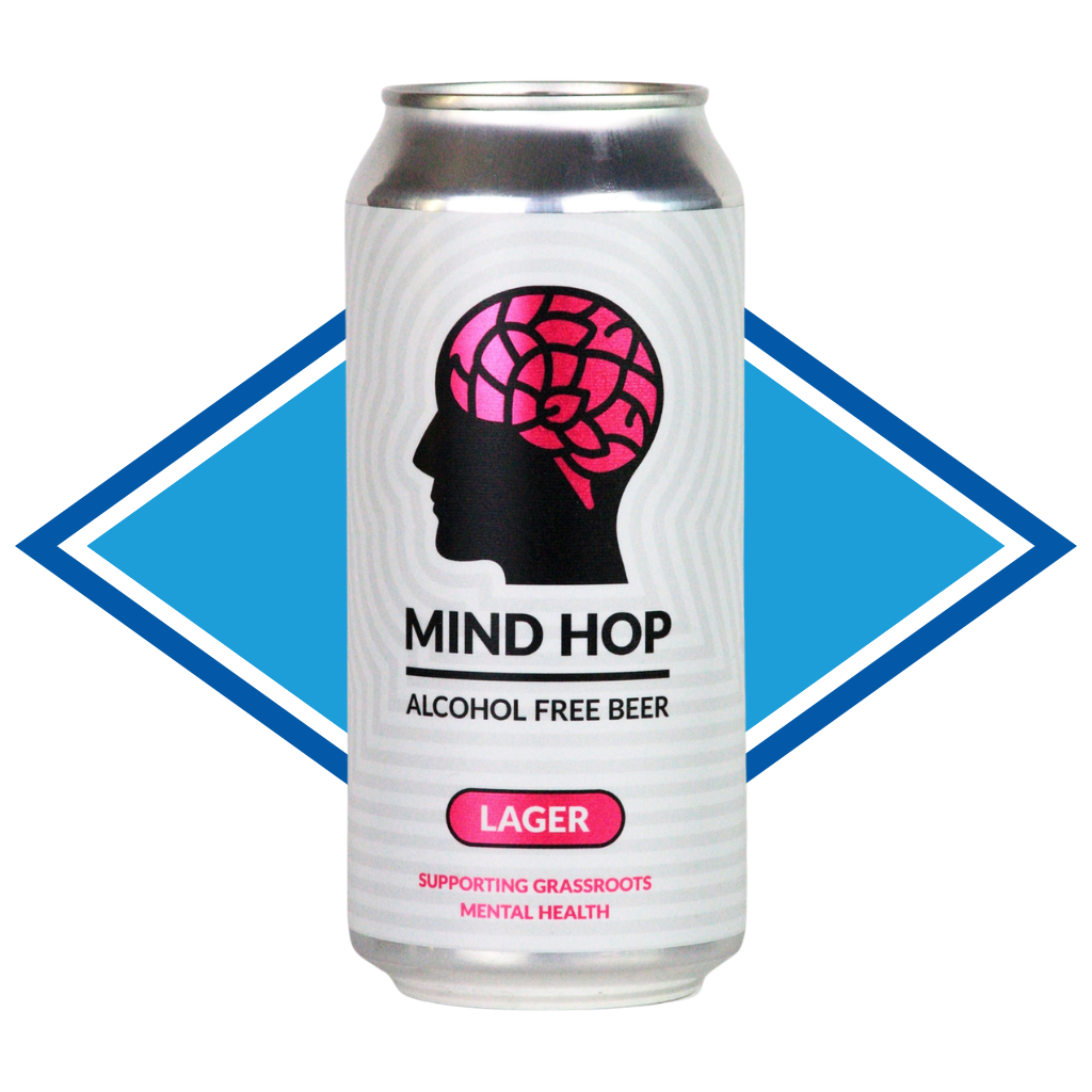 White can of Mind Hop Alcohol Free Lager 440ml can. Mind Hop support men's mental health