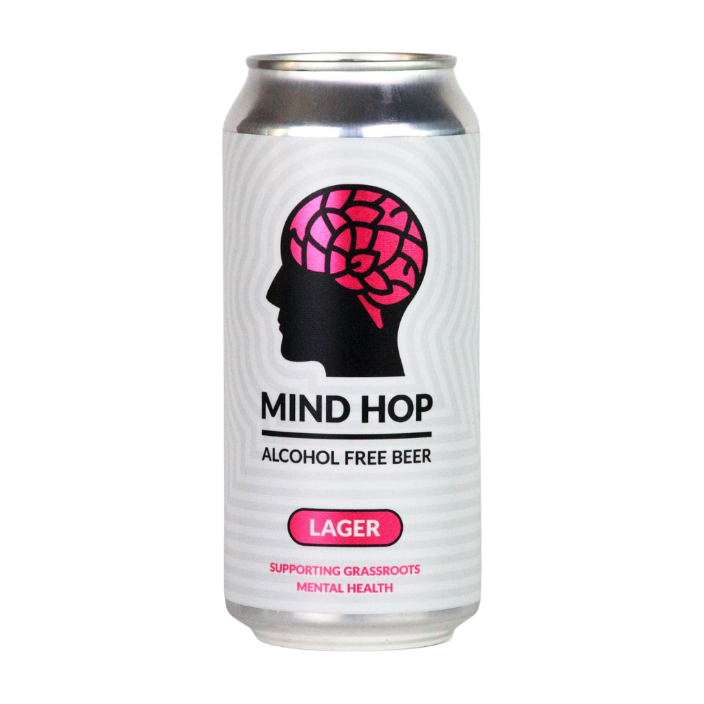 Alcohol-free beer can with a brain illustration on a white background