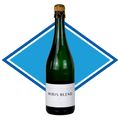 A bottle of Miris Blend sparkling wine or champagne with a white label and gold foil, set against a blue diamond graphic on a white background.