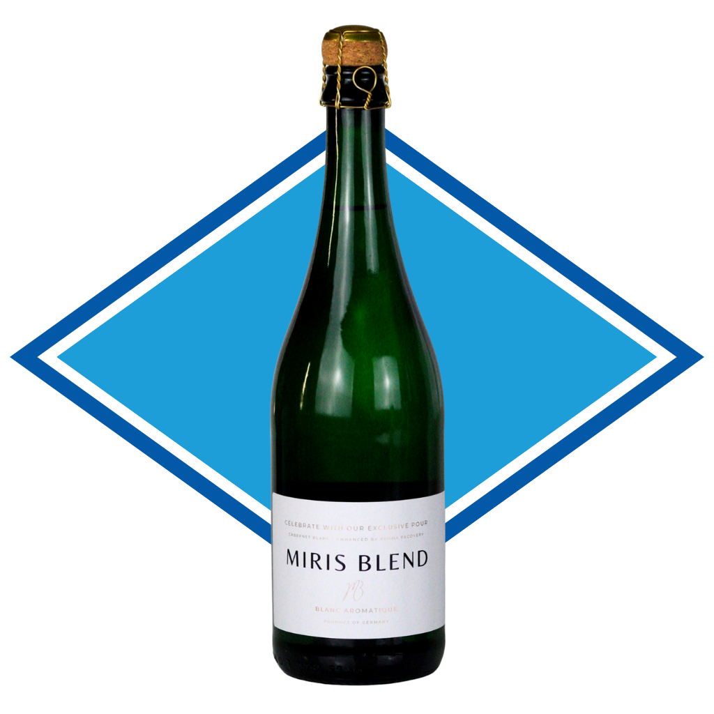 A bottle of Miris Blend sparkling wine or champagne with a white label and gold foil, set against a blue diamond graphic on a white background.