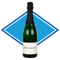 A bottle of Miris Blend sparkling wine or champagne with a dark green glass body, black foil, and a cream label, centered against a blue diamond graphic on a white background.