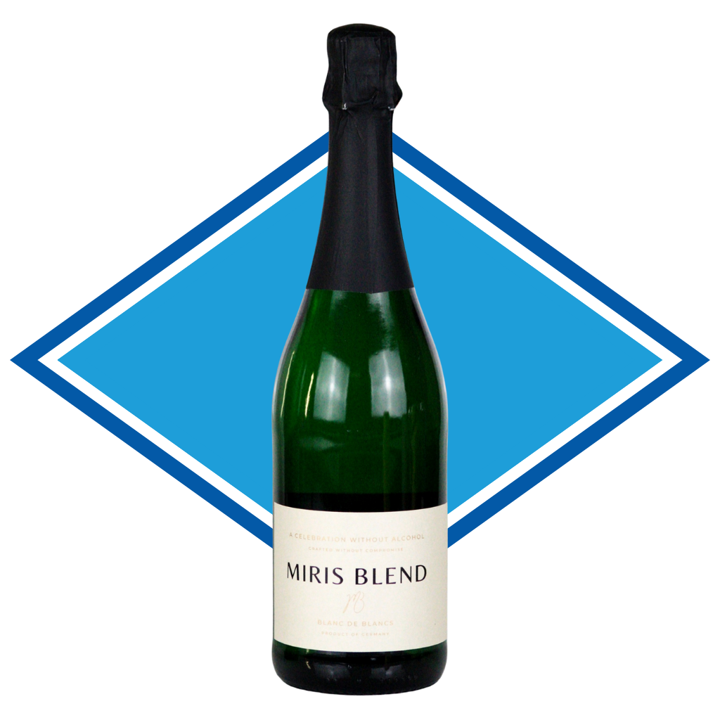 A bottle of Miris Blend sparkling wine or champagne with a dark green glass body, black foil, and a cream label, centered against a blue diamond graphic on a white background.