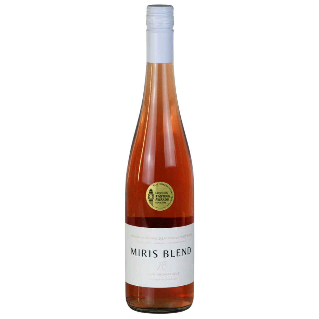 A bottle of Miris Blend Rosé Armani wine with a pale pink liquid, a white label, and a gold seal, set against a plain white background.