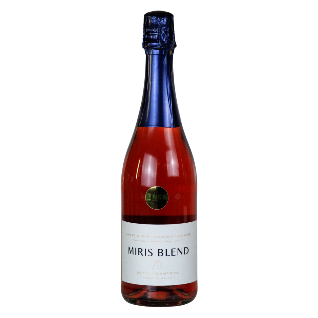 A bottle of Miris Blend French Premier Wine, featuring a deep red wine color, a dark blue foil neck wrap, and a white label with black text.