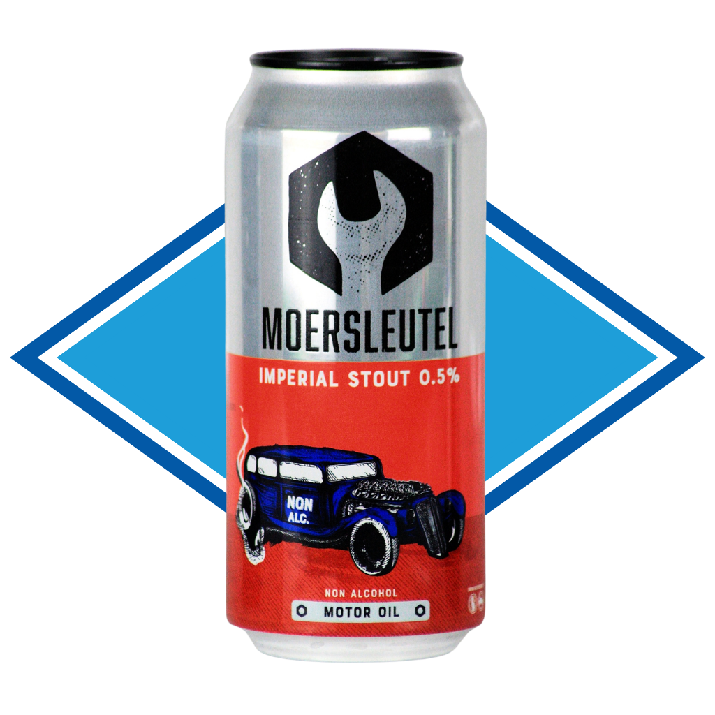 Can of Moersleutel Imperial Stout 0.5% with a blue diamond graphic on a white background