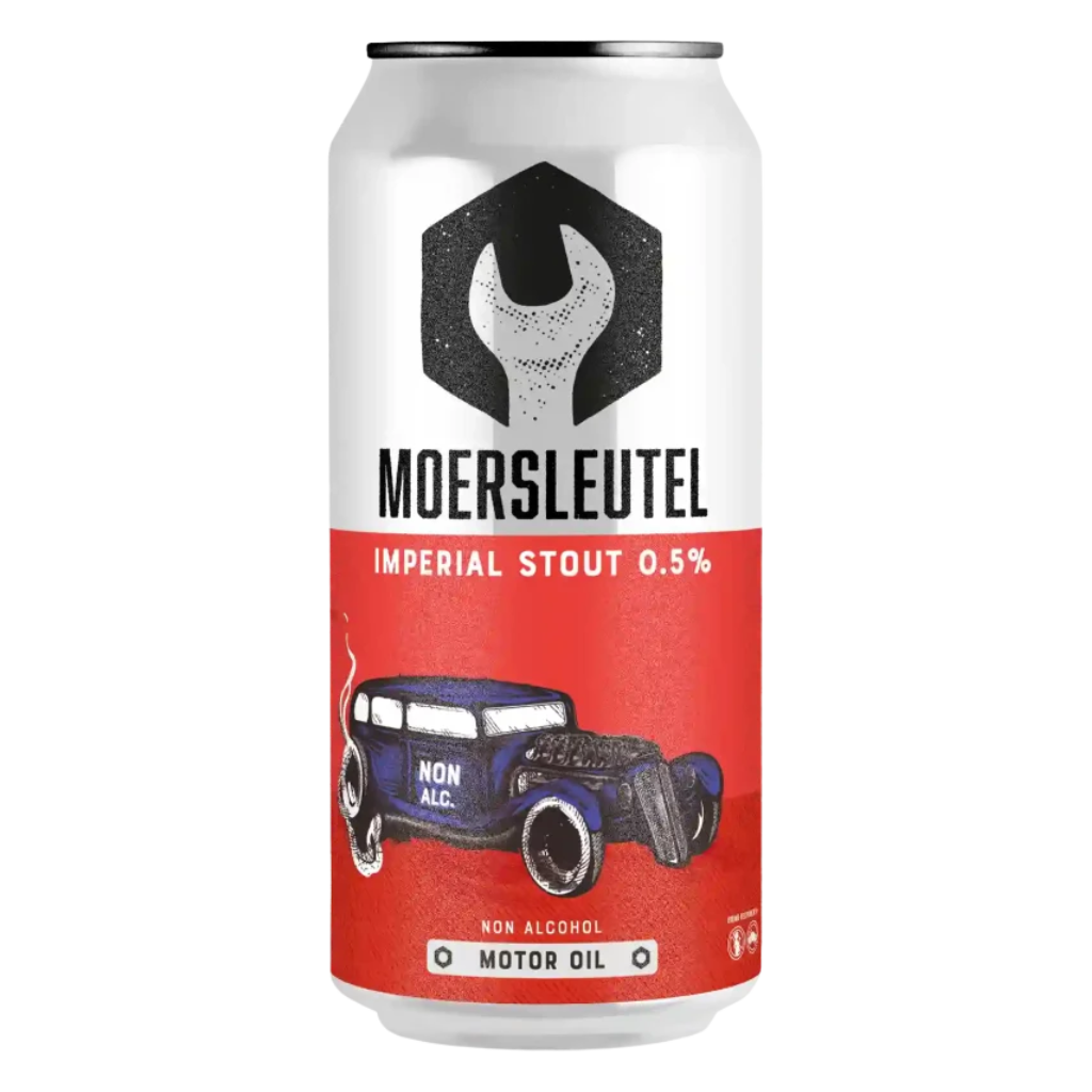 Can of Moersleutel Imperial Stout 0.5% with a car illustration on a white background