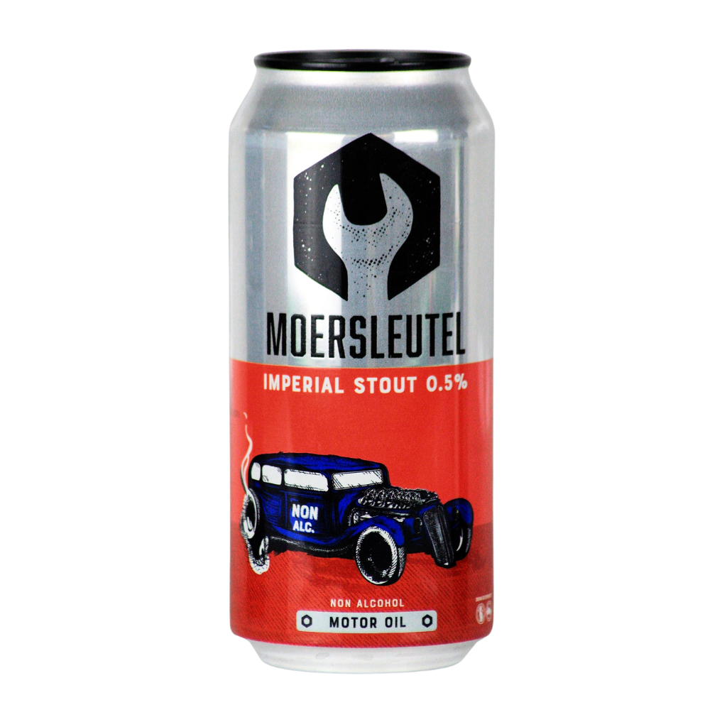 Can of Moersleutel Imperial Alcohol Free Stout 0.5% called Motor Oil with a car illustration on a white background