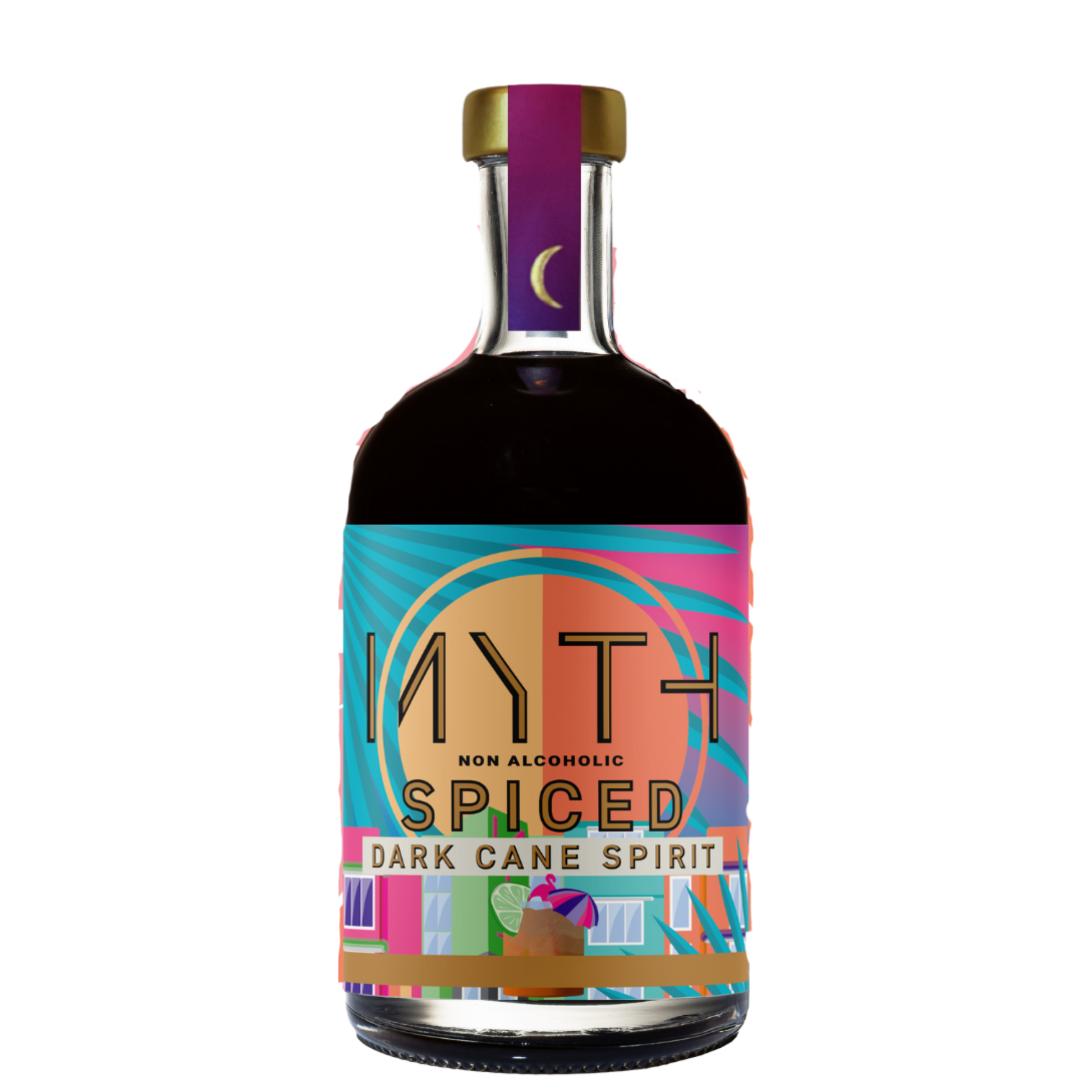 Bottle of MYTH non-alcoholic spiced dark cane spirit with a colorful label on a white background