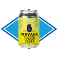 Can of Nirvana Cloudy Lemon Lager in front of the Alcohol Free Drinks Company blue diamond. 