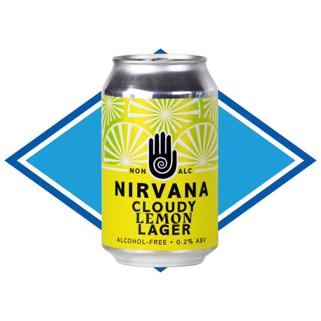 Can of Nirvana Cloudy Lemon Lager in front of the Alcohol Free Drinks Company blue diamond. 