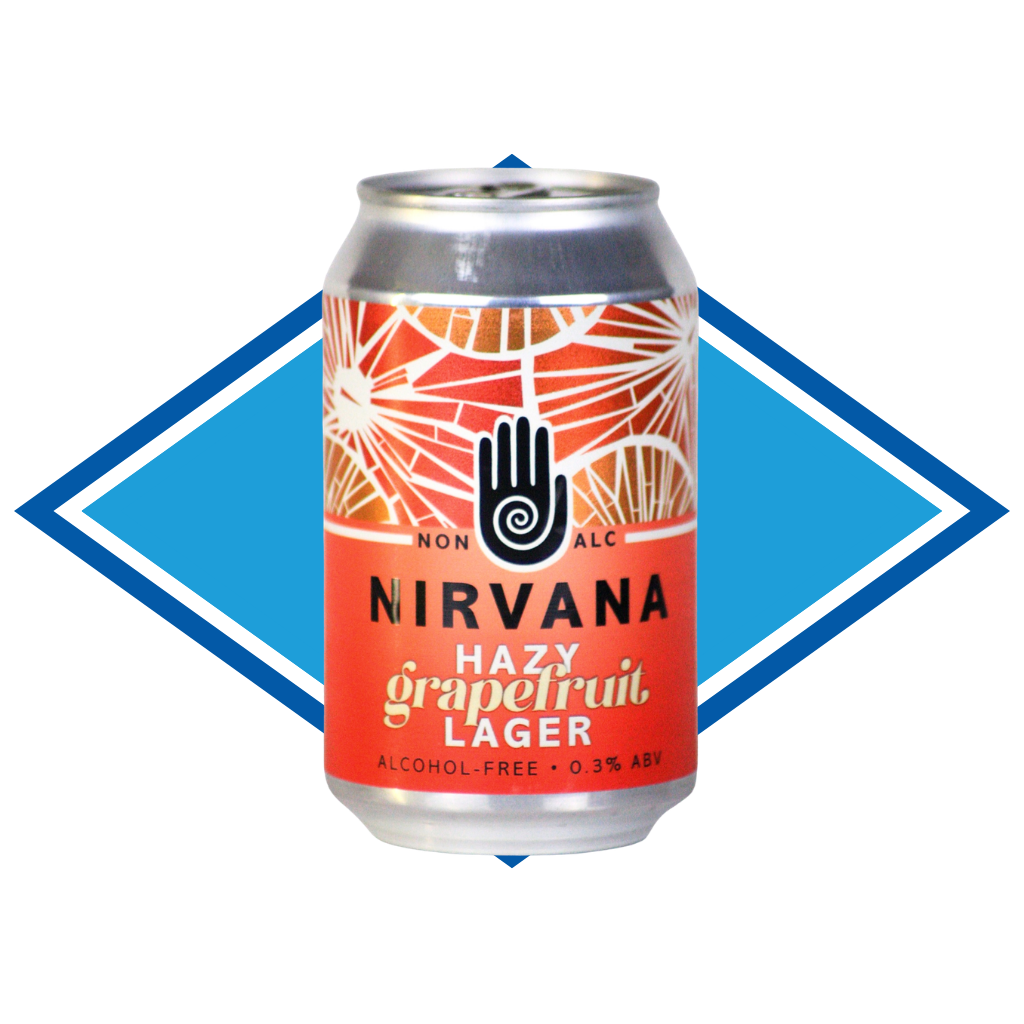 Nirvana Hazy Grapefruit Lager can with a blue diamond shape in the background