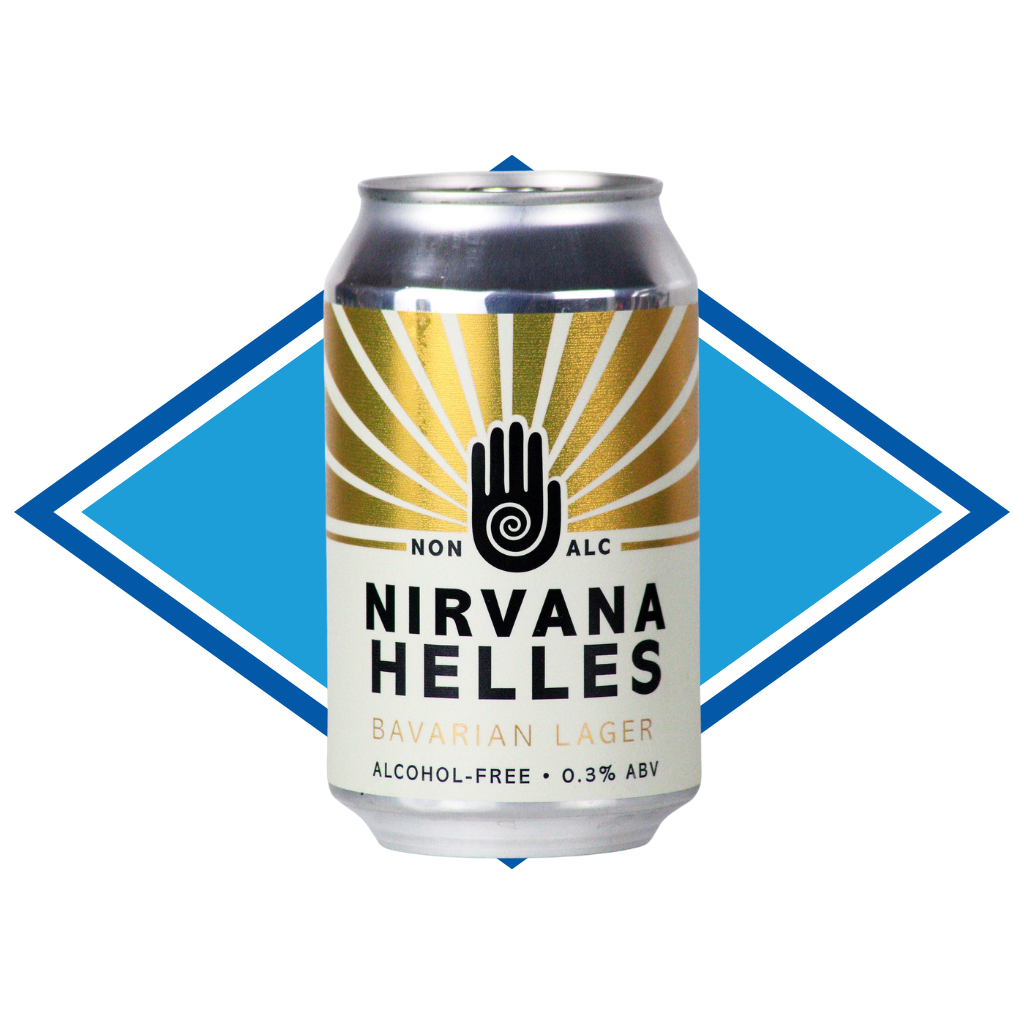 Can of Nirvana Helles Bavarian Lager in front of the Alcohol Free Drinks Company blue diamond. 