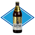 Nirvana Helles beer bottle with a blue and white geometric design in the background