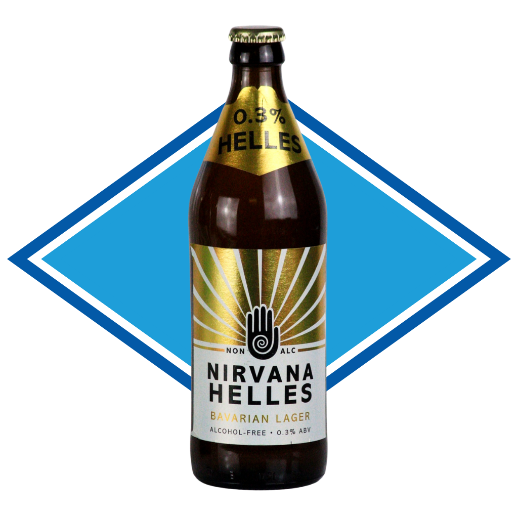 Nirvana Helles beer bottle with a blue and white geometric design in the background