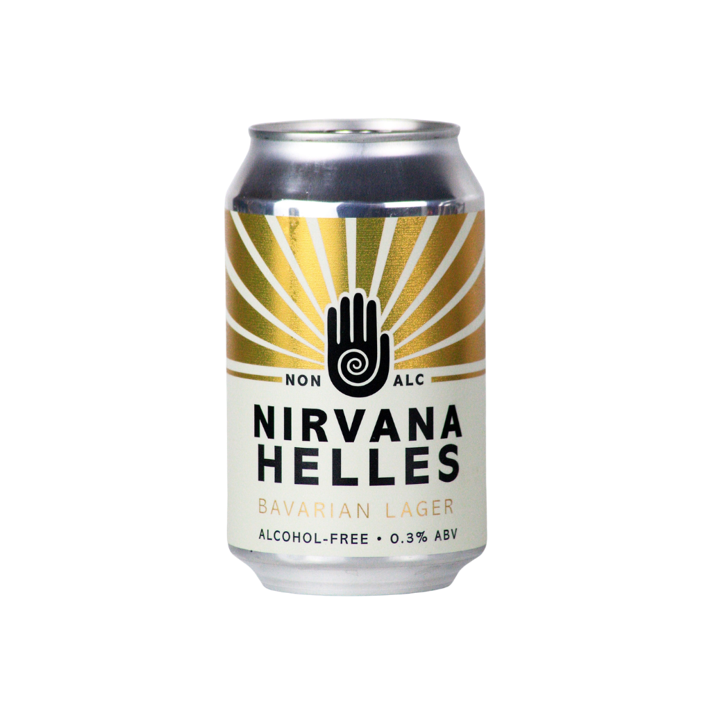 Nirvana Helles non-alcoholic beer can with gold design and black logo on a white background