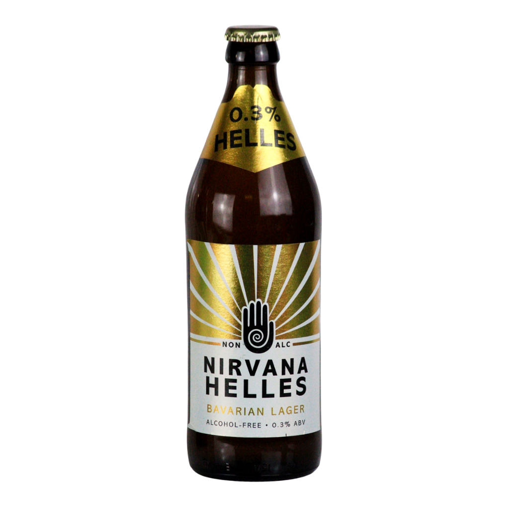 Nirvana Helles beer bottle on a white background. Gold design with Nirvana Logo in Black with a gold band on the neck with 0.3% ABV on it