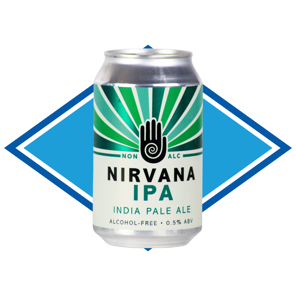 Can of Nirvana IPA in front of The Alcohol Free Drinks blue diamond.