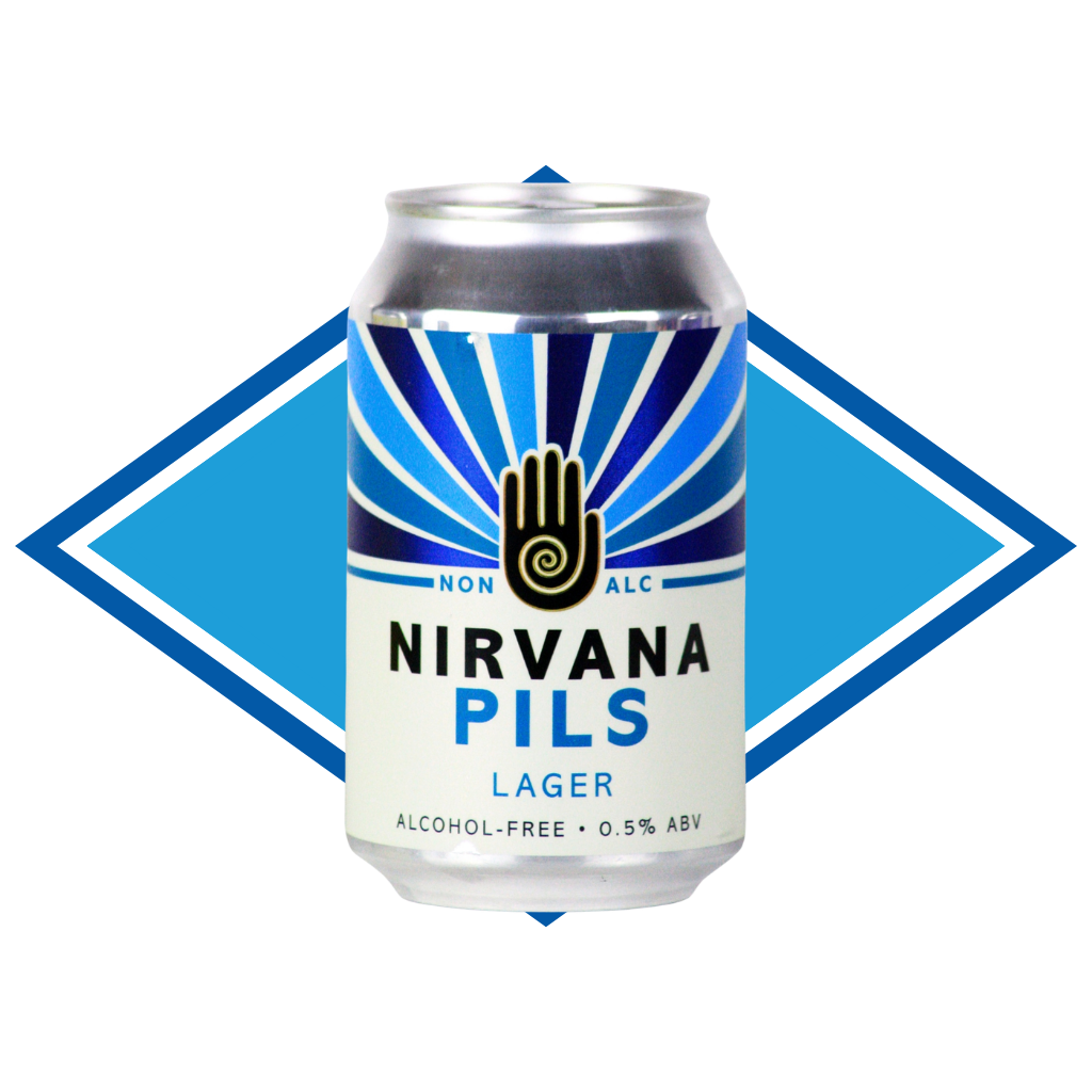 Can of Nirvana Pils in front of The Alcohol Free Drinks blue diamond.