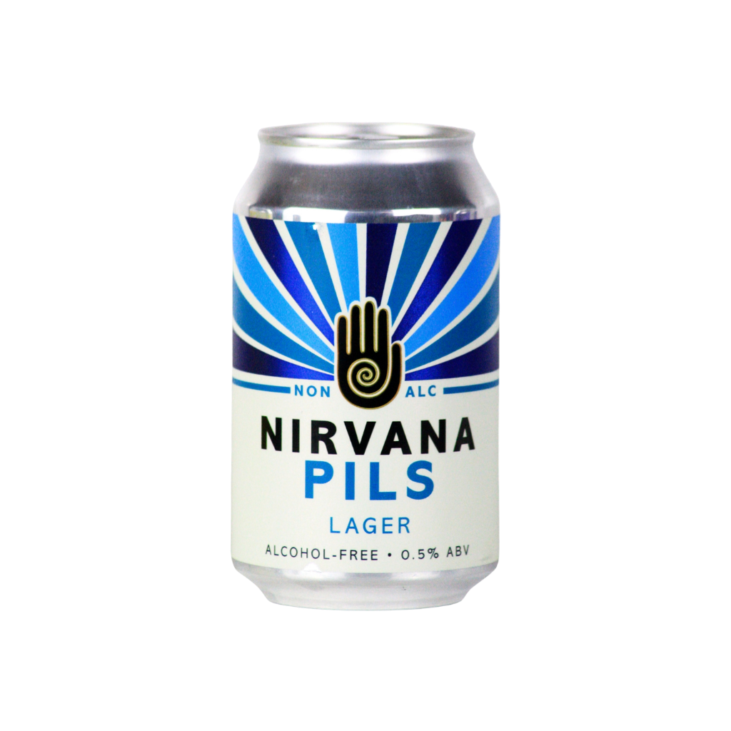Nirvana Pils non-alcoholic lager 330ml can on a white background. 0.5% ABV printed in black 