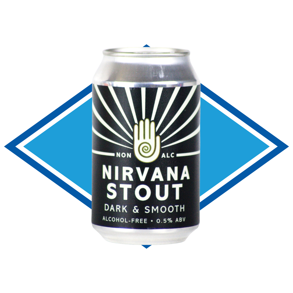 Can of Nirvana Stout in front of the Alcohol Free Drinks Company blue diamond. 