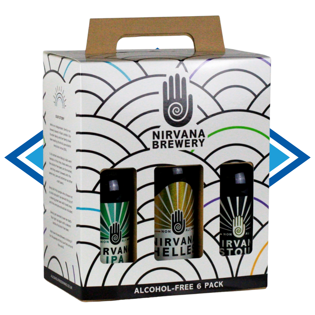 Nirvana Brewery alcohol-free 6-pack in a decorative box on a white background