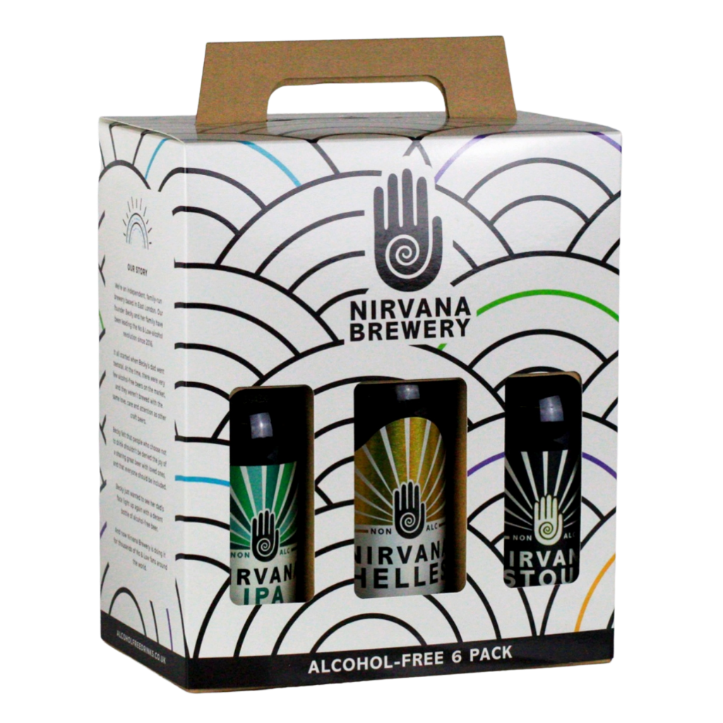 Nirvana Brewery alcohol-free 6-pack with three bottles on a decorative box.