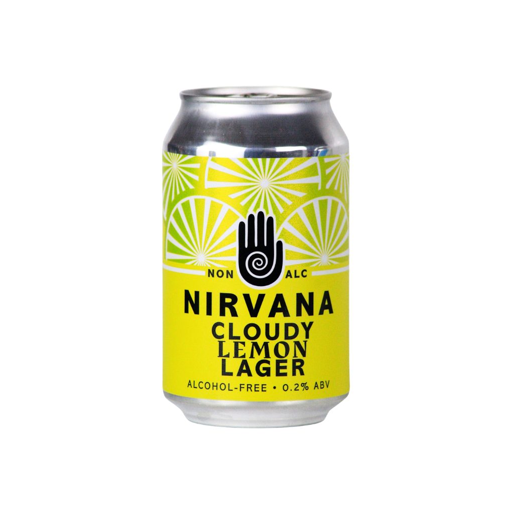 Nirvana Cloudy Lemon Lager 0.2% ABV on the can with yellow label and silver can on white background