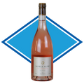A bottle of Noble Alibi Rosé Red wine with a pinkish-rose liquid, set against a blue and white diamond graphic background.