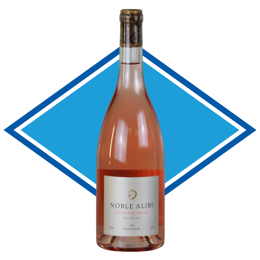 A bottle of Noble Alibi Rosé Red wine with a pinkish-rose liquid, set against a blue and white diamond graphic background.