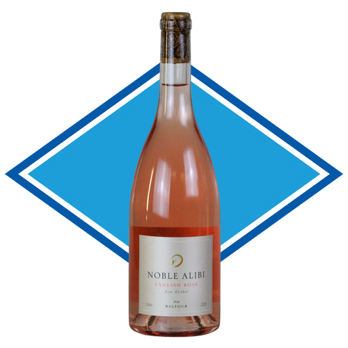 A bottle of Noble Alibi Rosé Red wine with a pinkish-rose liquid, set against a blue and white diamond graphic background.