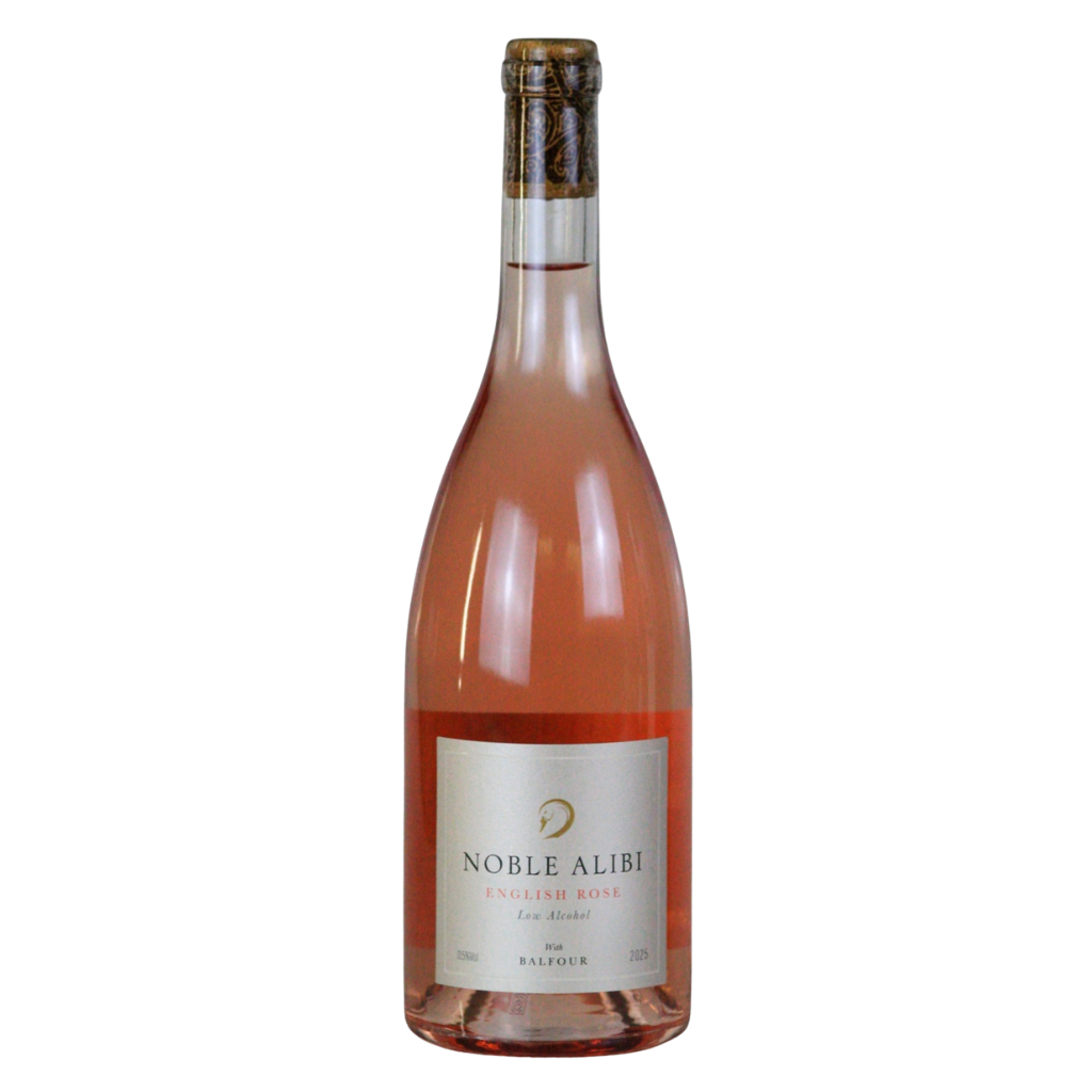 A bottle of Noble Alibi Rosso wine with a pale pink liquid, a white label with gold lettering, and a dark brown foil cap, isolated on a white background.